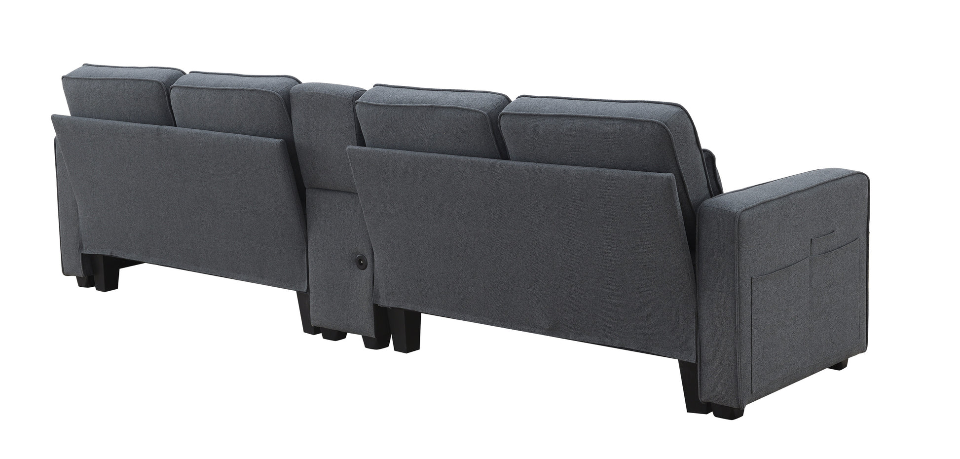 114.2" Upholstered Sofa With Console, 2 Cupholders And 2 Usb Ports Wired Or Wirelessly Charged, Modern Linen Fabric Couches With 4 Pillows For Living Room, Apartment 4 Seat Dark Grey Fabric 4 Seat