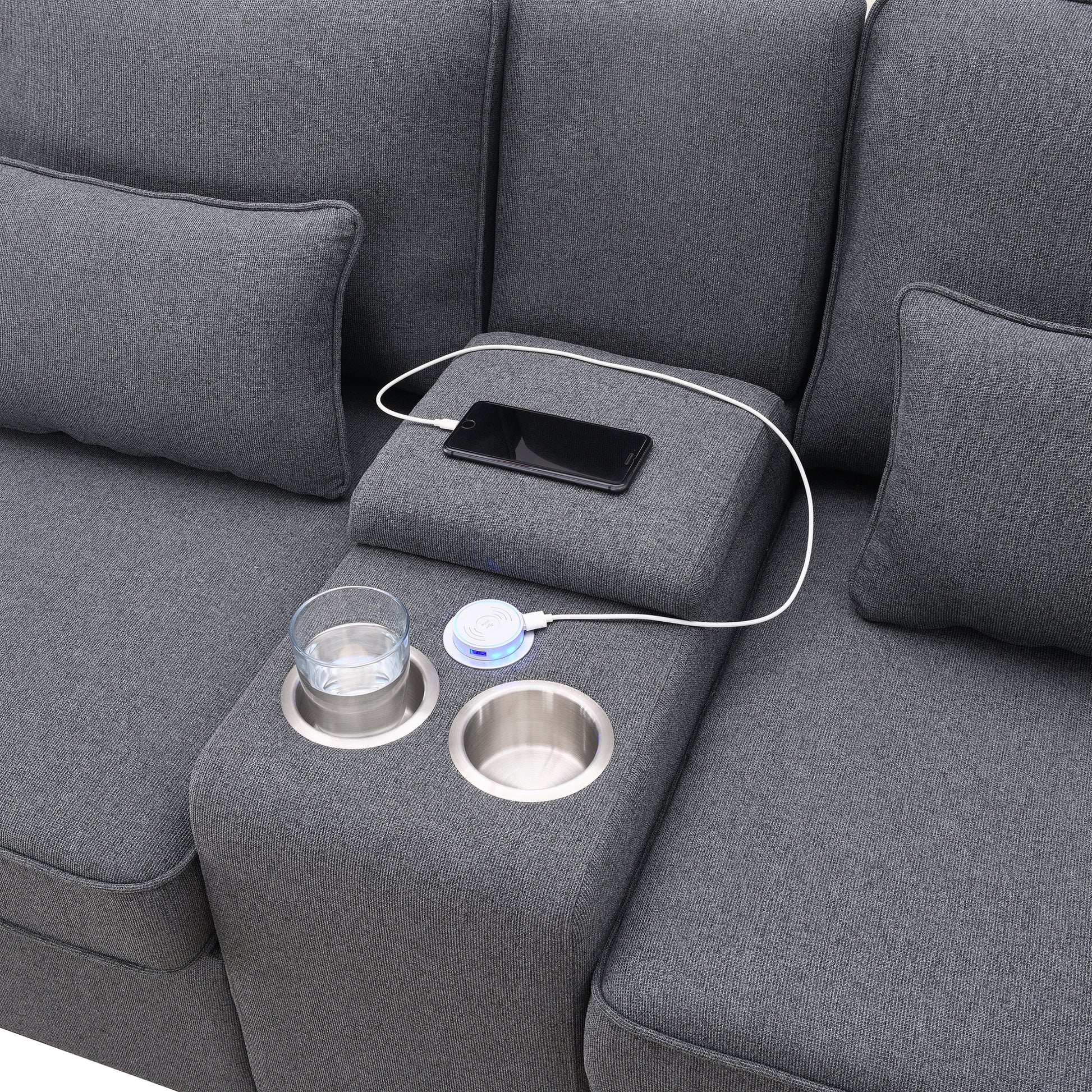 114.2" Upholstered Sofa With Console, 2 Cupholders And 2 Usb Ports Wired Or Wirelessly Charged, Modern Linen Fabric Couches With 4 Pillows For Living Room, Apartment 4 Seat Dark Grey Fabric 4 Seat