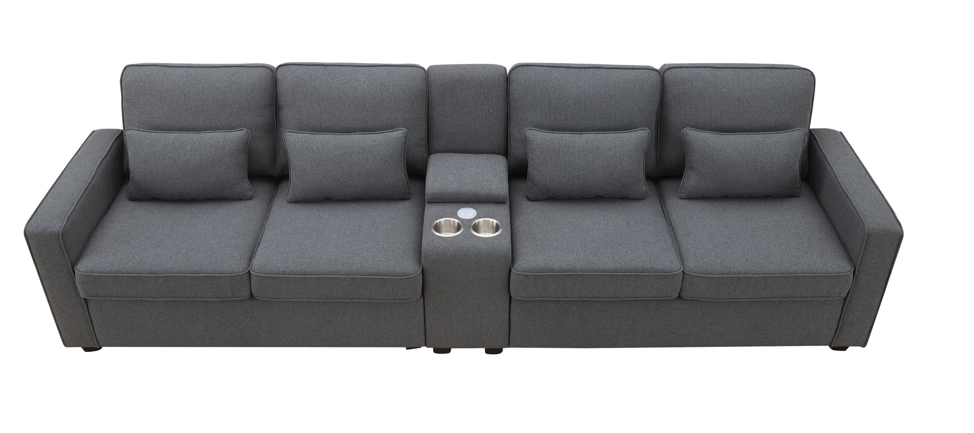 114.2" Upholstered Sofa With Console, 2 Cupholders And 2 Usb Ports Wired Or Wirelessly Charged, Modern Linen Fabric Couches With 4 Pillows For Living Room, Apartment 4 Seat Dark Grey Fabric 4 Seat