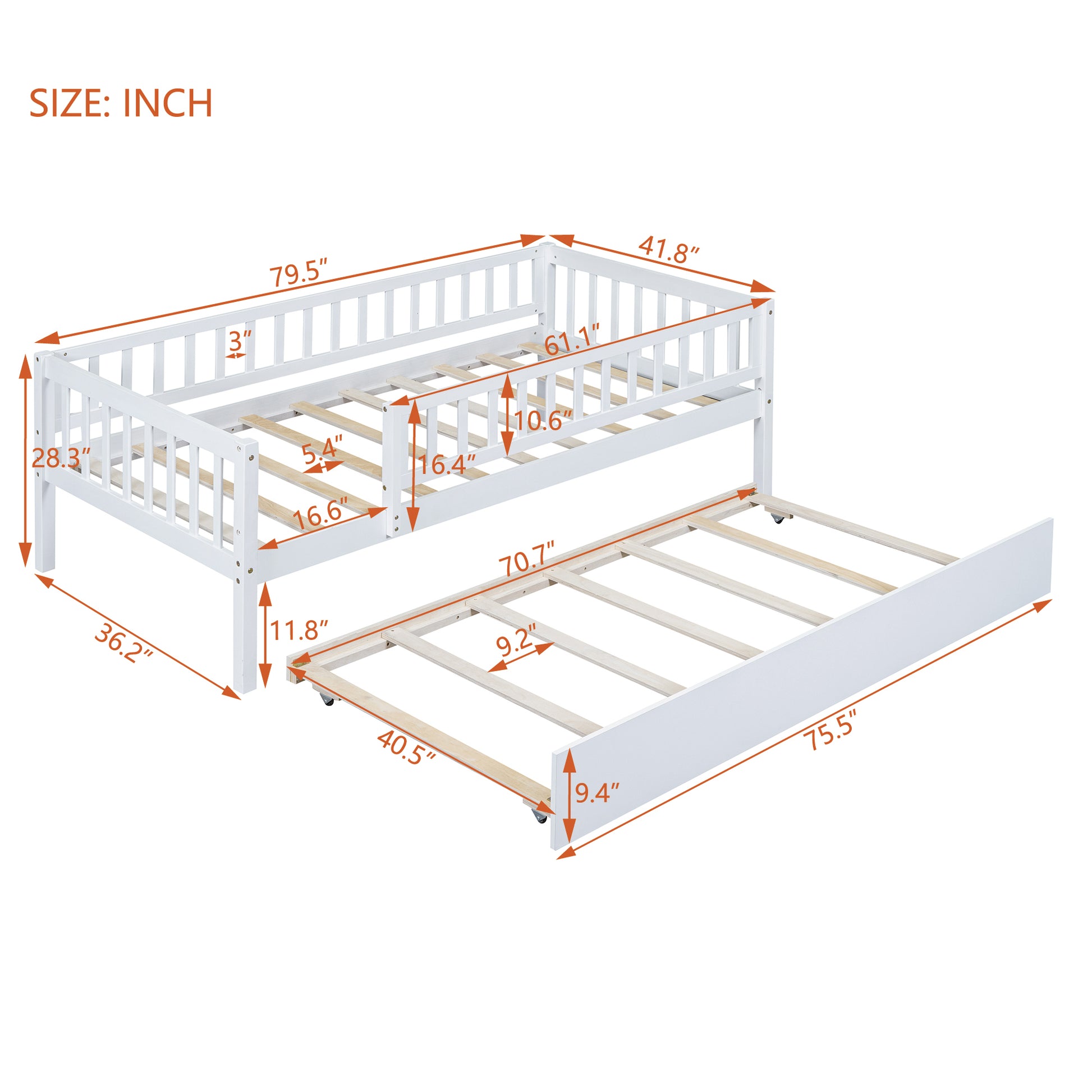 Twin Size Wood Daybed With Trundle And Fence Guardrails, White Twin White Solid Wood Mdf