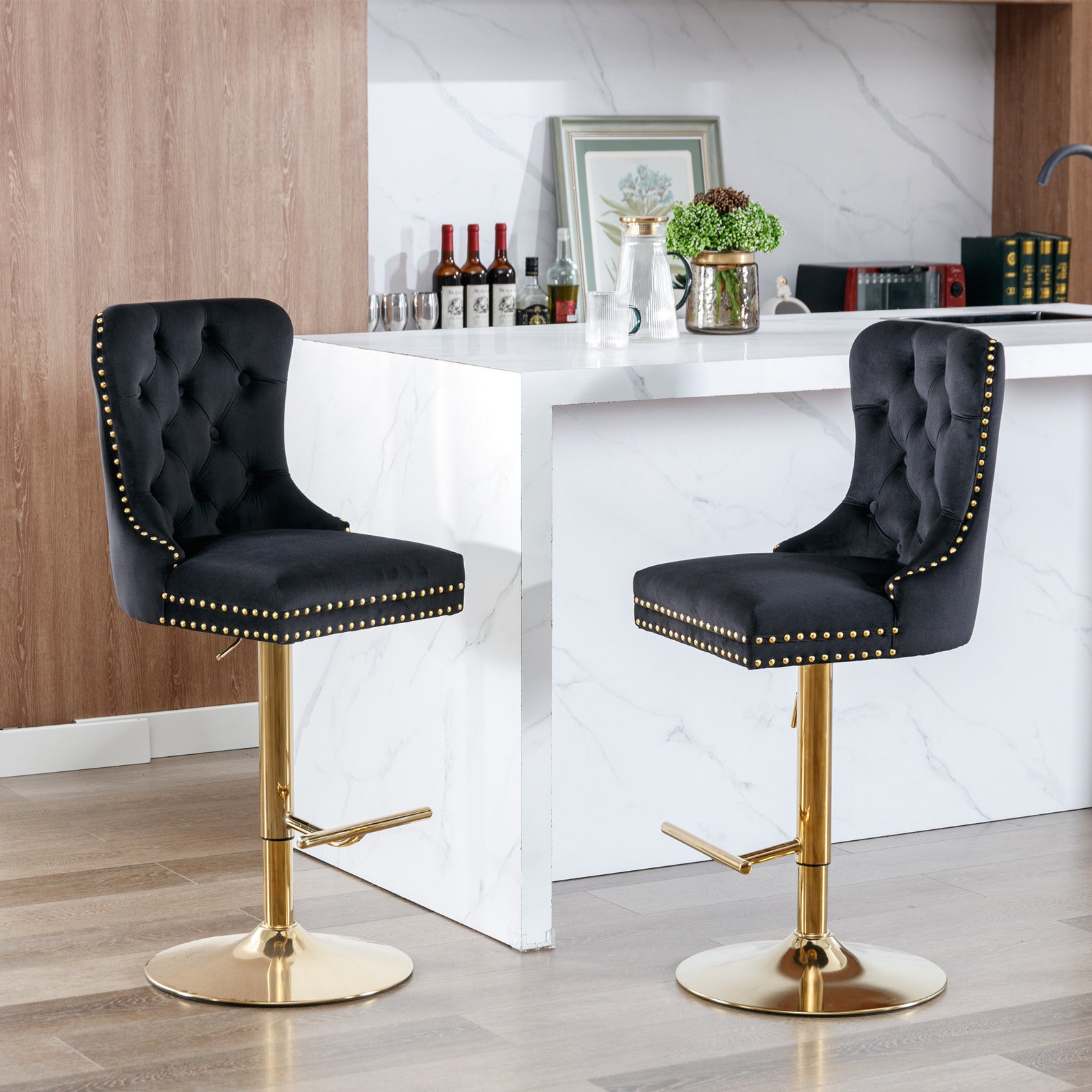 Thick Golden Swivel Velvet Barstools Adjusatble Seat Height From 27 35 Inch, Modern Upholstered Bar Stools With Backs Comfortable Tufted For Home Pub And Kitchen Island Black,Set Of 2 Black Foam Velvet