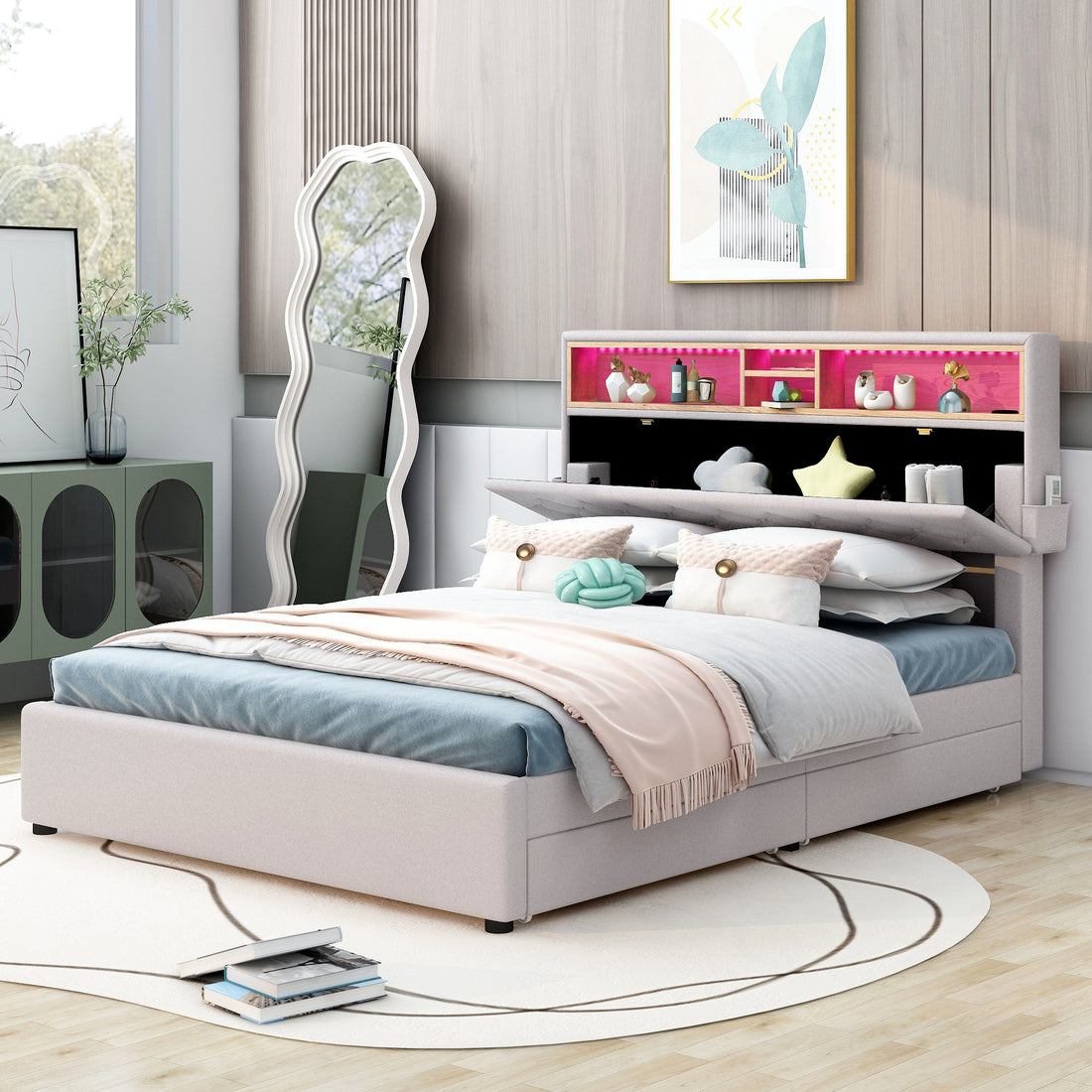 Full Size Upholstered Platform Bed With Storage Headboard, Led, Usb Charging And 2 Drawers, Beige Box Spring Not Required Beige Wood Linen Upholstered