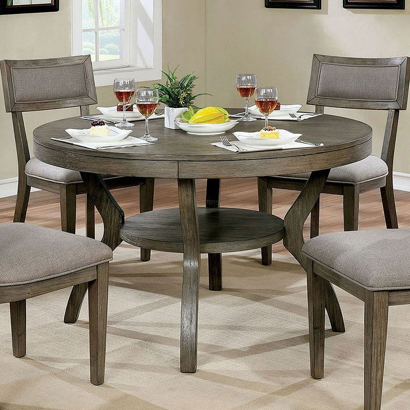 Rustic Grey Solid Wood 5Pc Dining Set Round Dining Table W Shelf And 4Sx Side Chairs Dining Room Furniture Fabric Upholstered Seat Gray Dining Room Modern,Rustic,Transitional Rubberwood Solid Wood