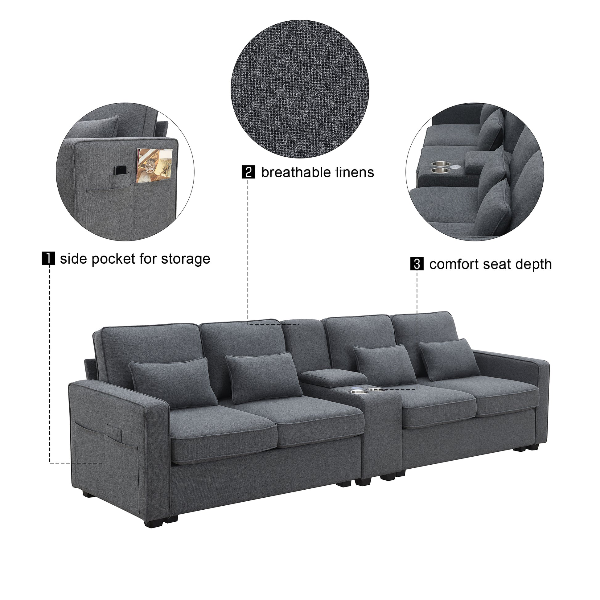 114.2" Upholstered Sofa With Console, 2 Cupholders And 2 Usb Ports Wired Or Wirelessly Charged, Modern Linen Fabric Couches With 4 Pillows For Living Room, Apartment 4 Seat Dark Grey Fabric 4 Seat