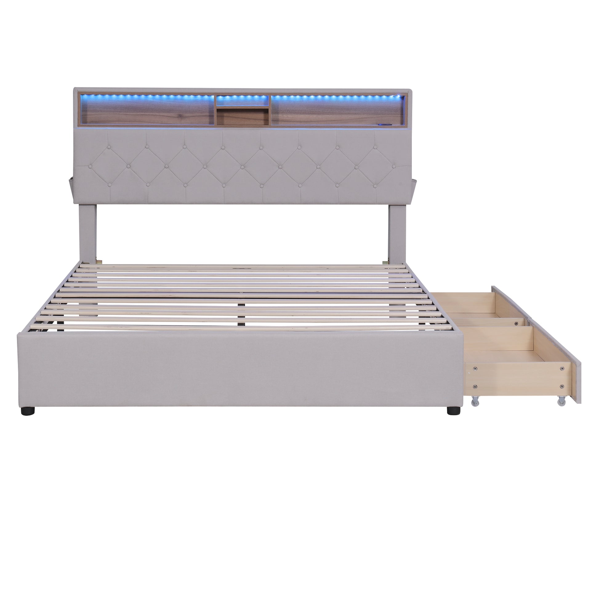 Queen Size Upholstered Platform Bed With Storage Headboard, Led, Usb Charging And 2 Drawers, Beige Beige Upholstered
