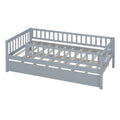 Twin Size Wood Daybed With Trundle And Fence Guardrails, Gray Twin Gray Solid Wood Mdf