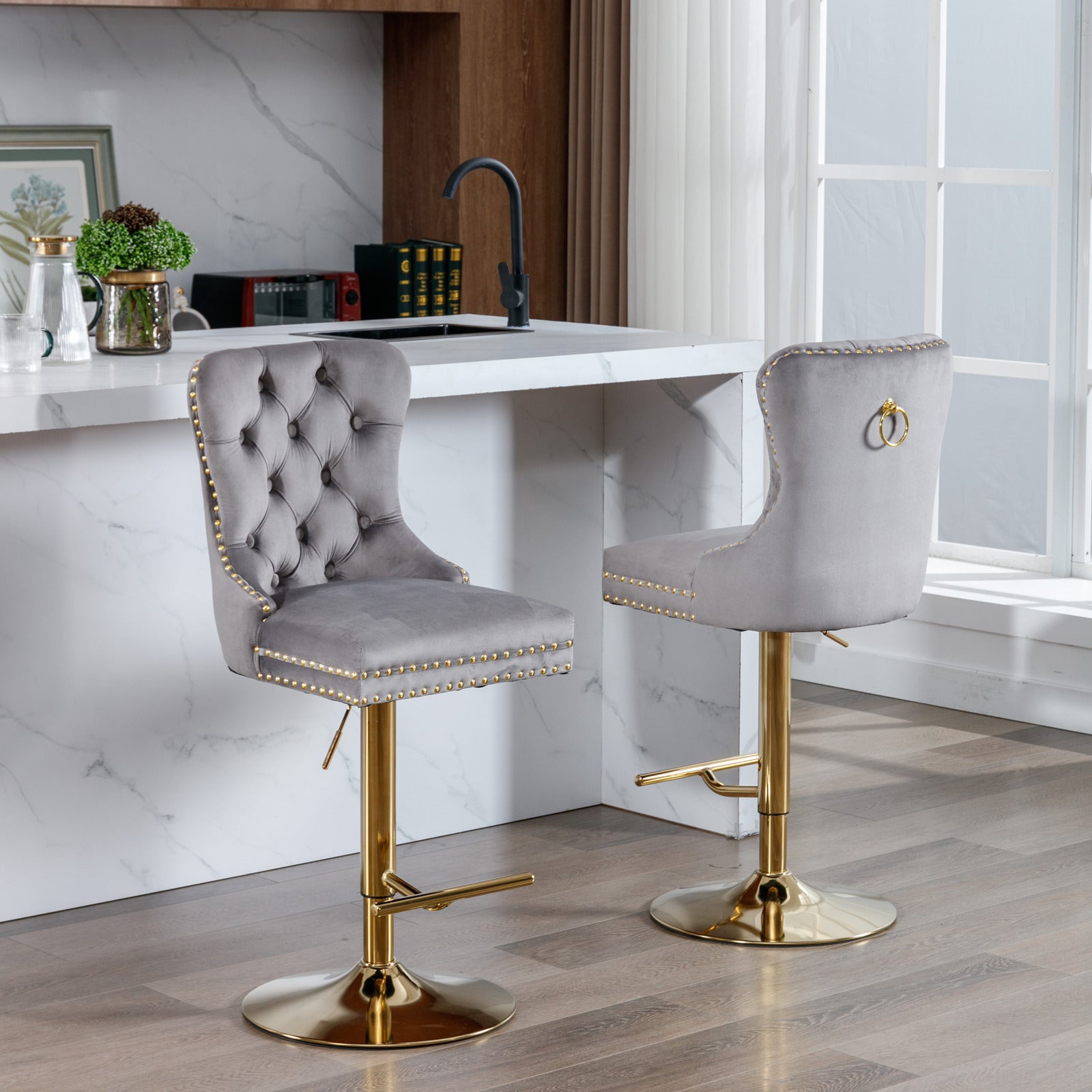 Thick Golden Swivel Velvet Barstools Adjusatble Seat Height From 25 33 Inch, Modern Upholstered Bar Stools With Backs Comfortable Tufted For Home Pub And Kitchen Island Gray,Set Of 2 Gray Foam Velvet