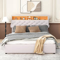 Queen Size Upholstered Platform Bed With Storage Headboard, Led, Usb Charging And 2 Drawers, Beige Beige Upholstered