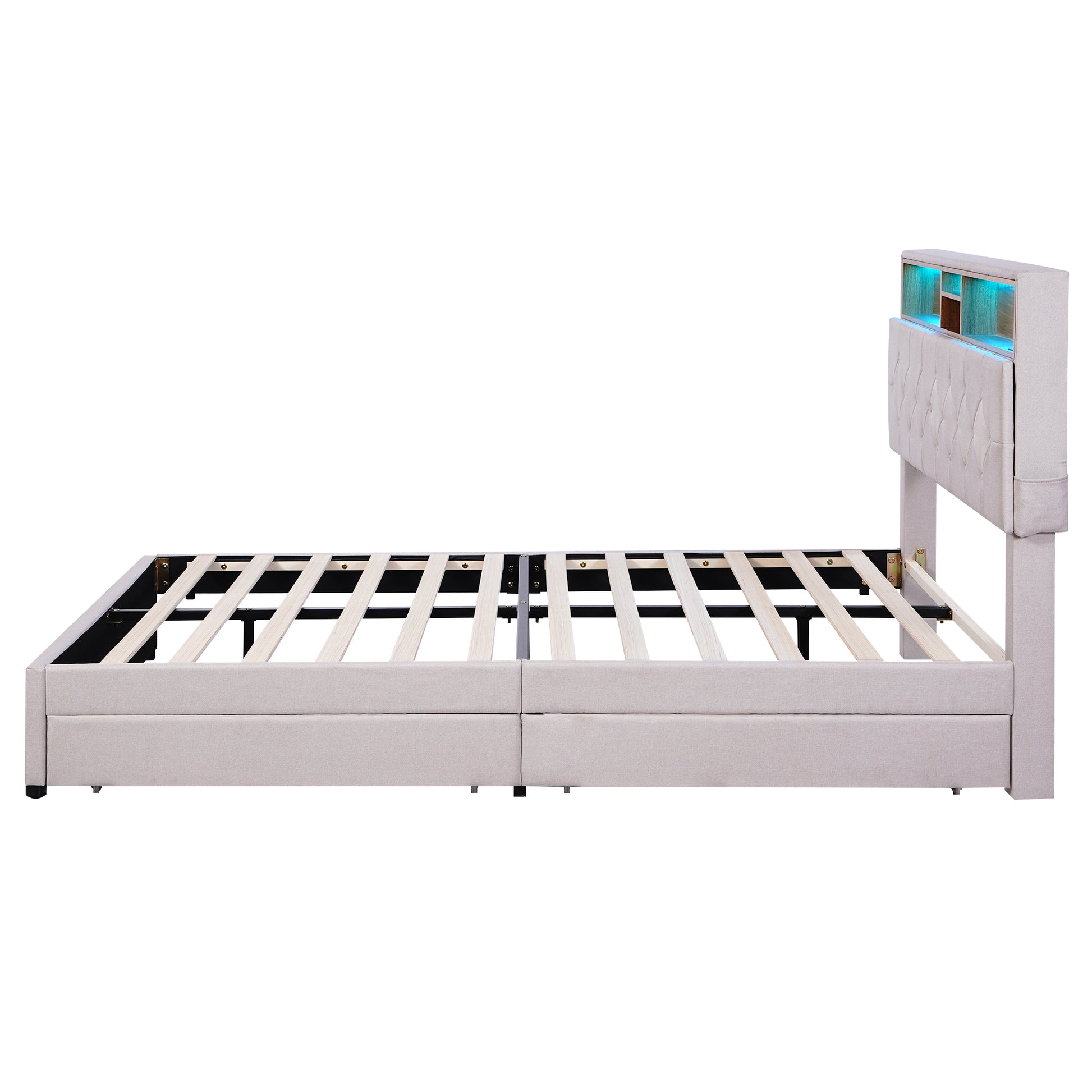 Full Size Upholstered Platform Bed With Storage Headboard, Led, Usb Charging And 2 Drawers, Beige Box Spring Not Required Beige Wood Linen Upholstered