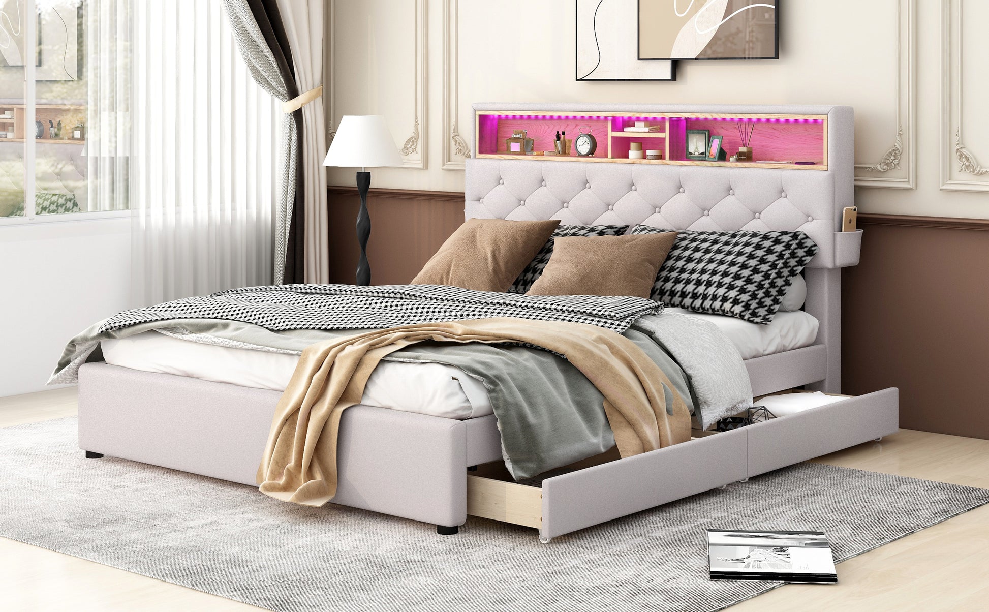 Queen Size Upholstered Platform Bed With Storage Headboard, Led, Usb Charging And 2 Drawers, Beige Beige Upholstered