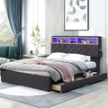 Queen Size Upholstered Platform Bed With Storage Headboard, Led, Usb Charging And 2 Drawers, Dark Gray Dark Gray Upholstered