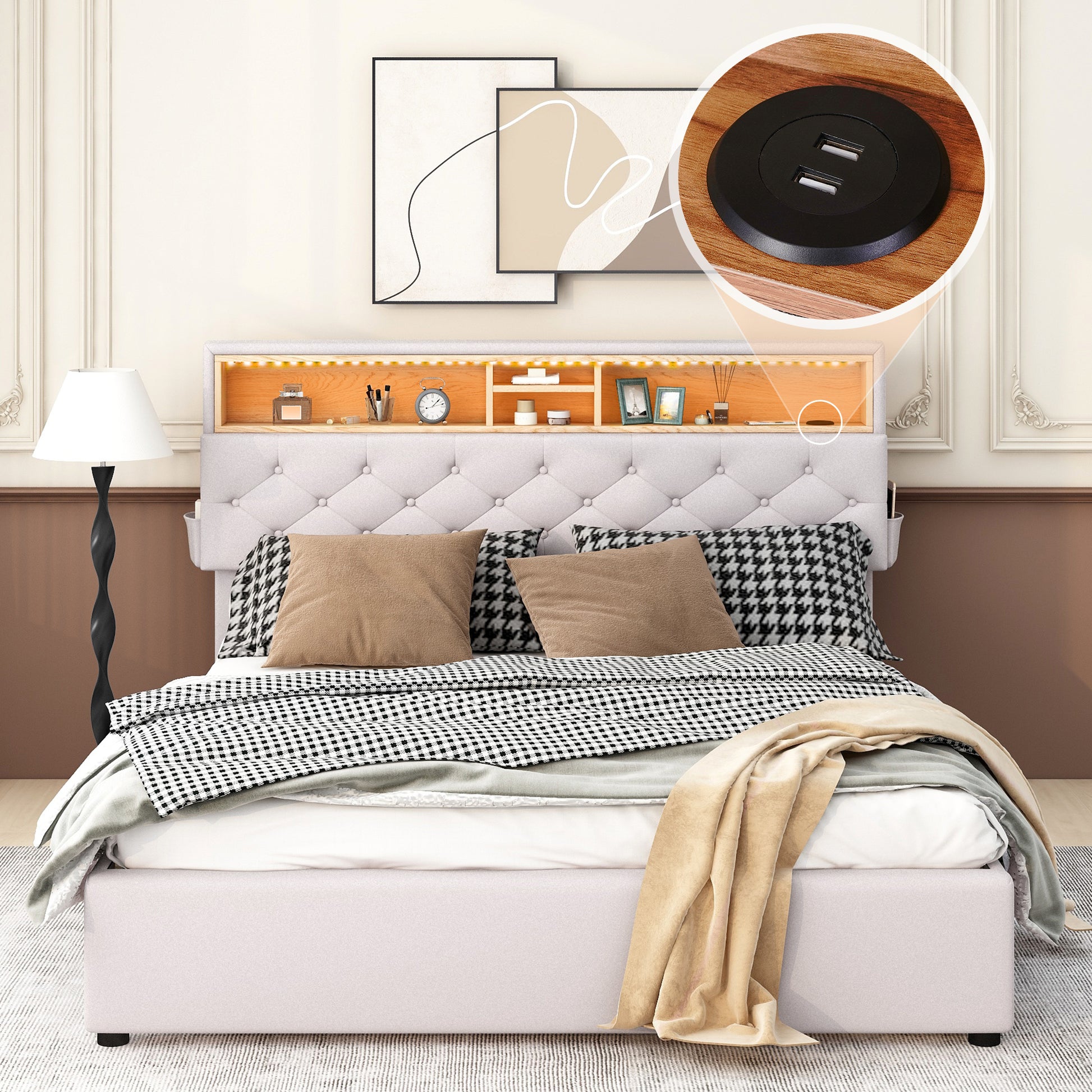Queen Size Upholstered Platform Bed With Storage Headboard, Led, Usb Charging And 2 Drawers, Beige Beige Upholstered