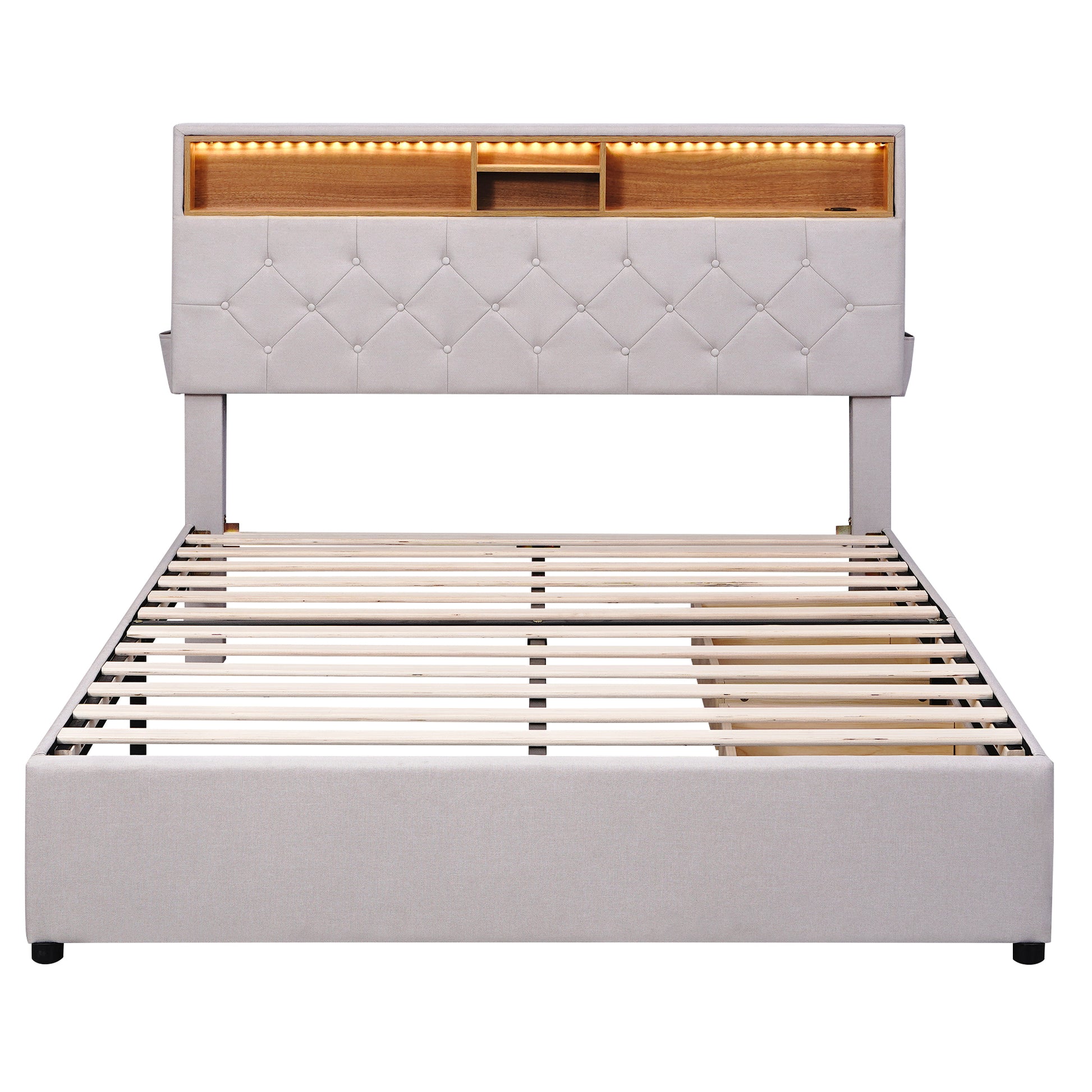 Full Size Upholstered Platform Bed With Storage Headboard, Led, Usb Charging And 2 Drawers, Beige Box Spring Not Required Beige Wood Linen Upholstered
