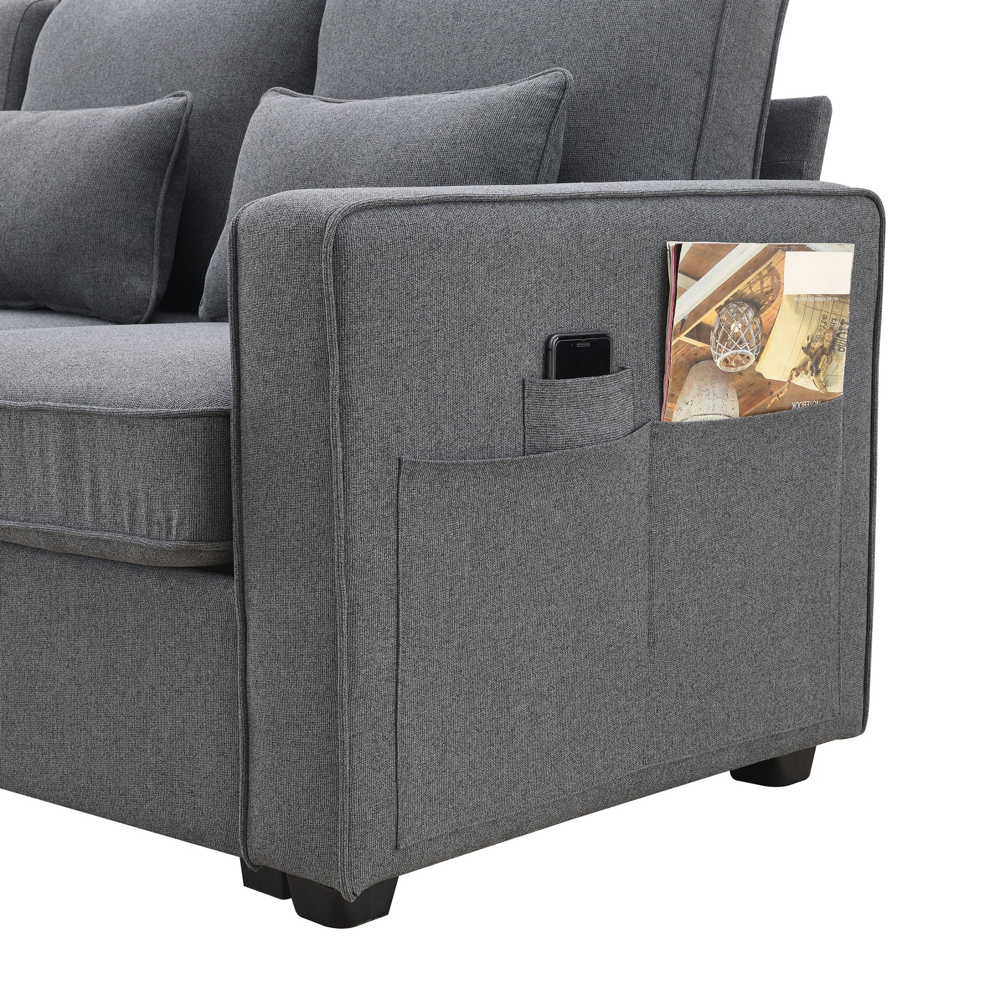 114.2" Upholstered Sofa With Console, 2 Cupholders And 2 Usb Ports Wired Or Wirelessly Charged, Modern Linen Fabric Couches With 4 Pillows For Living Room, Apartment 4 Seat Dark Grey Fabric 4 Seat