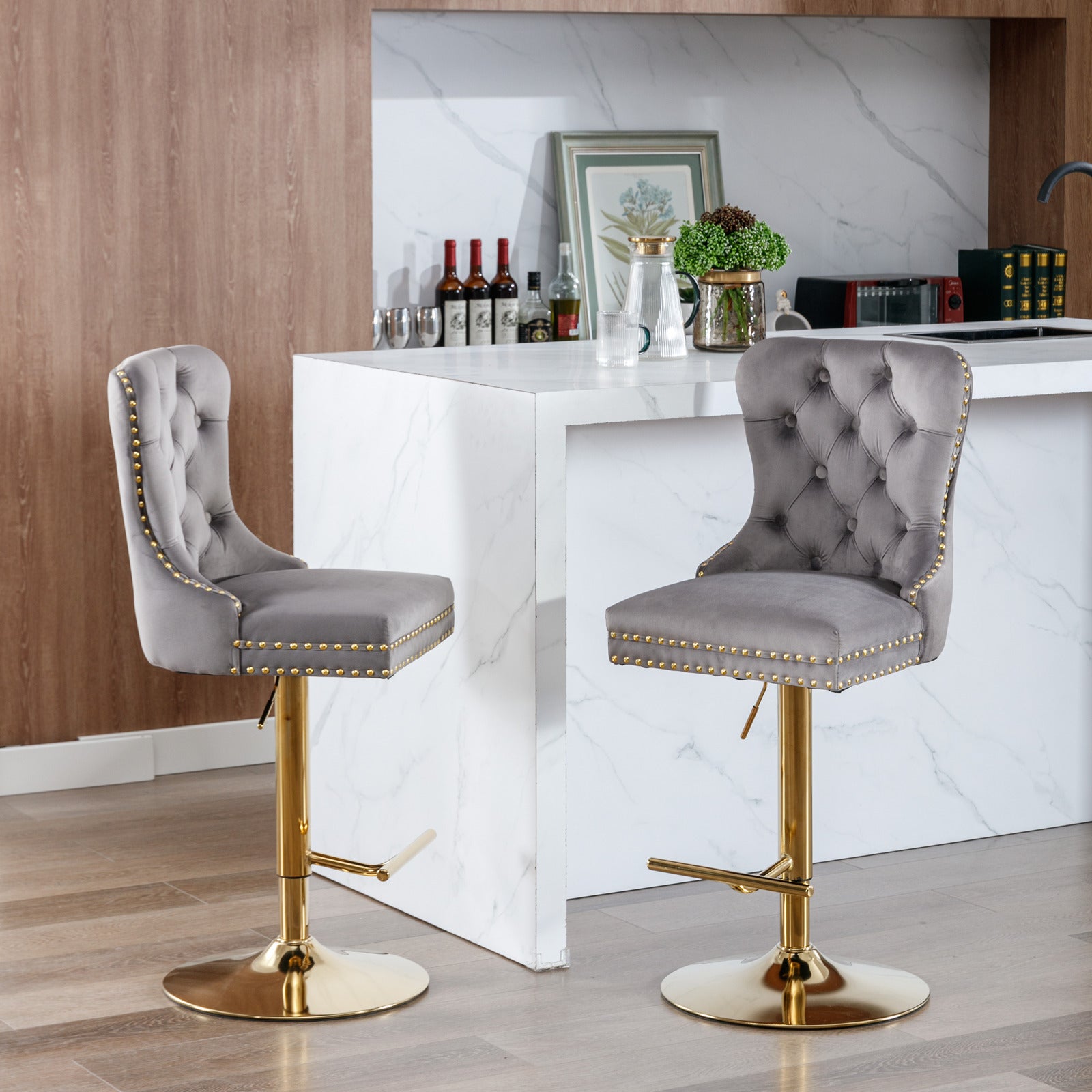 Thick Golden Swivel Velvet Barstools Adjusatble Seat Height From 25 33 Inch, Modern Upholstered Bar Stools With Backs Comfortable Tufted For Home Pub And Kitchen Island Gray,Set Of 2 Gray Foam Velvet