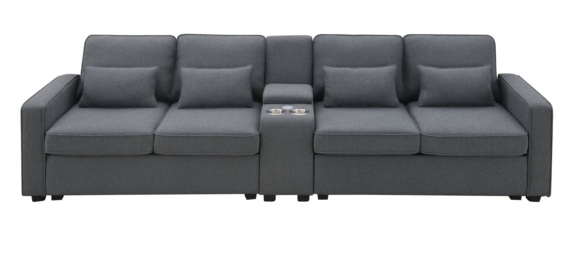 114.2" Upholstered Sofa With Console, 2 Cupholders And 2 Usb Ports Wired Or Wirelessly Charged, Modern Linen Fabric Couches With 4 Pillows For Living Room, Apartment 4 Seat Dark Grey Fabric 4 Seat