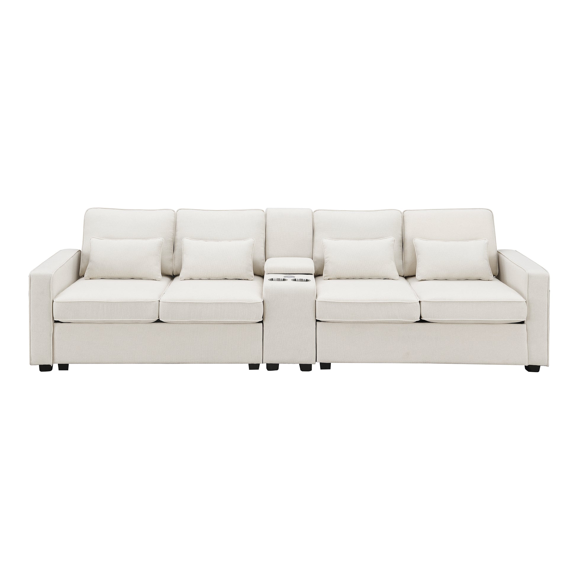 114.2" Upholstered Sofa With Console, 2 Cupholders And 2 Usb Ports Wired Or Wirelessly Charged, Modern Linen Fabric Couches With 4 Pillows For Living Room, Apartment 4 Seat Beige Fabric 4 Seat