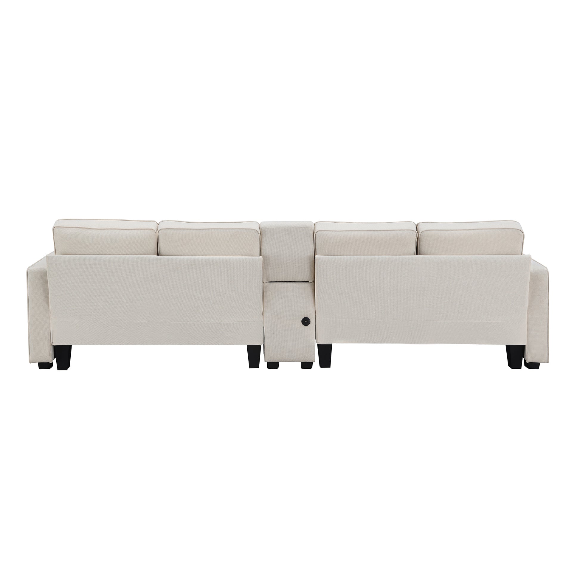 114.2" Upholstered Sofa With Console, 2 Cupholders And 2 Usb Ports Wired Or Wirelessly Charged, Modern Linen Fabric Couches With 4 Pillows For Living Room, Apartment 4 Seat Beige Fabric 4 Seat