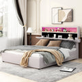 Queen Size Upholstered Platform Bed With Storage Headboard, Led, Usb Charging And 2 Drawers, Beige Beige Upholstered