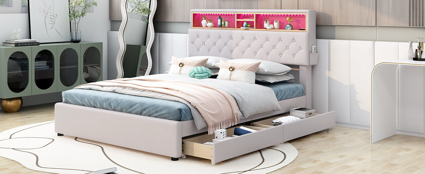 Full Size Upholstered Platform Bed With Storage Headboard, Led, Usb Charging And 2 Drawers, Beige Box Spring Not Required Beige Wood Linen Upholstered