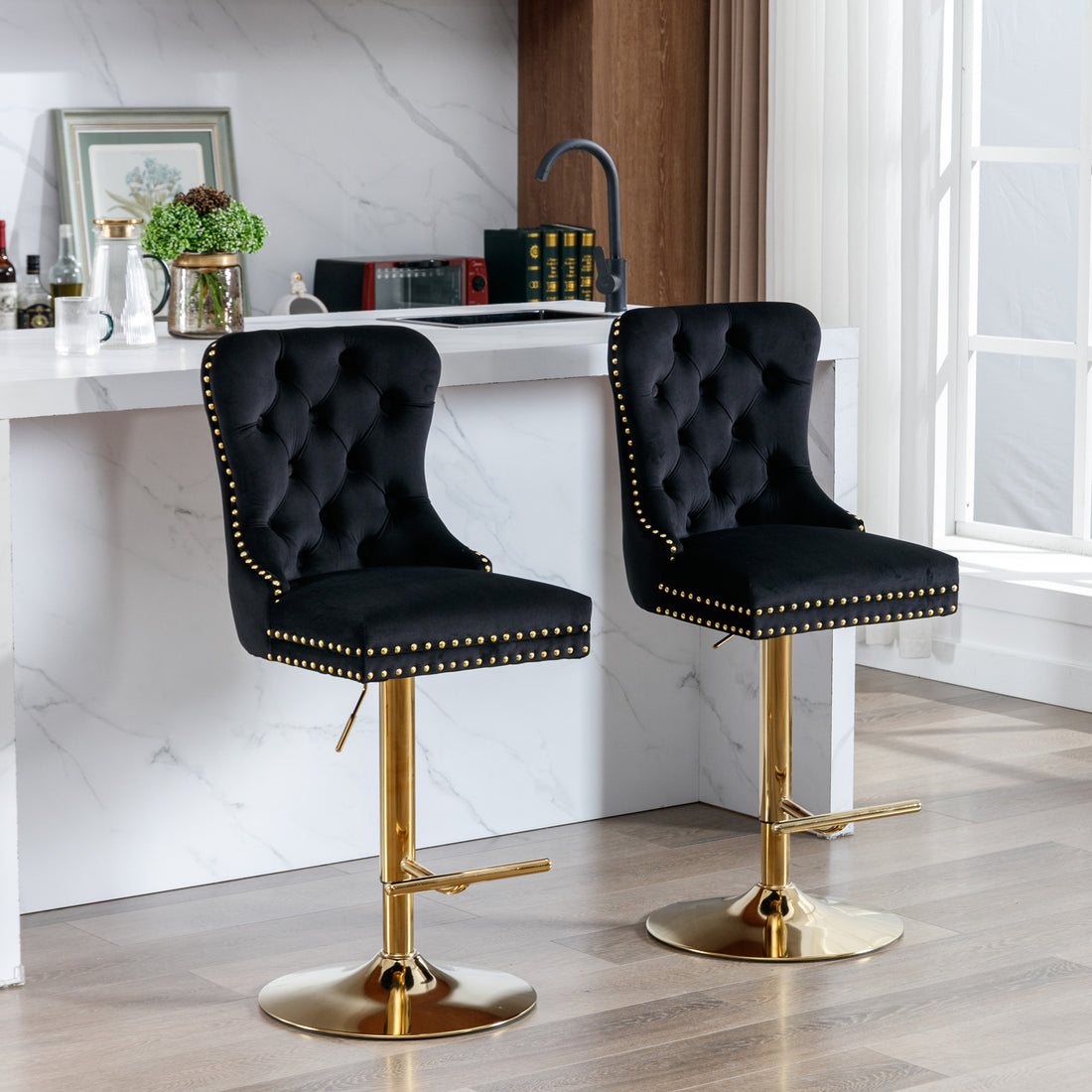 Thick Golden Swivel Velvet Barstools Adjusatble Seat Height From 27 35 Inch, Modern Upholstered Bar Stools With Backs Comfortable Tufted For Home Pub And Kitchen Island Black,Set Of 2 Black Foam Velvet