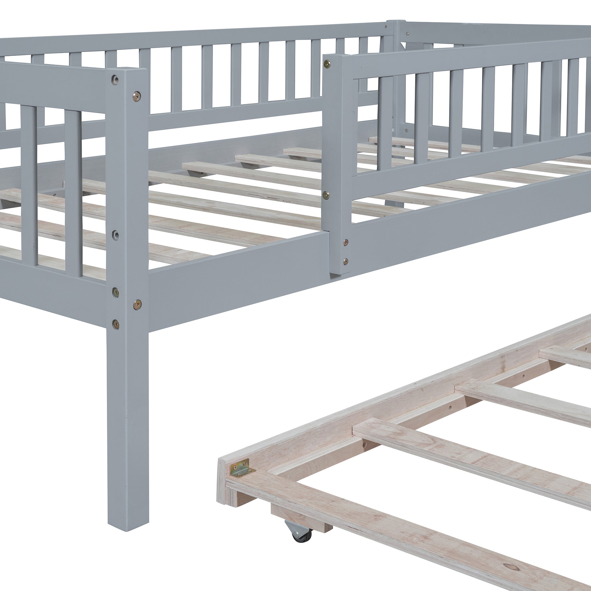 Twin Size Wood Daybed With Trundle And Fence Guardrails, Gray Twin Gray Solid Wood Mdf