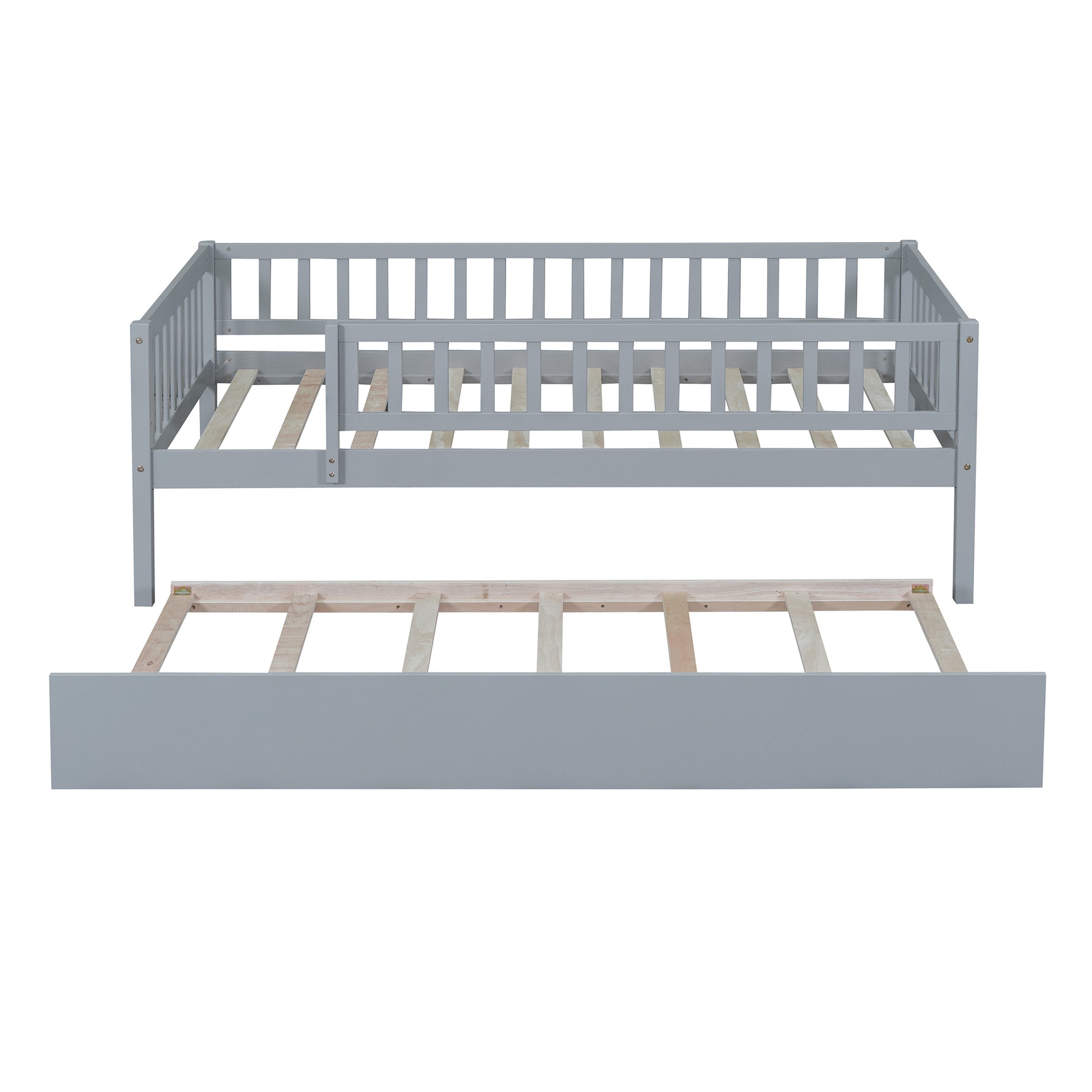 Twin Size Wood Daybed With Trundle And Fence Guardrails, Gray Twin Gray Solid Wood Mdf