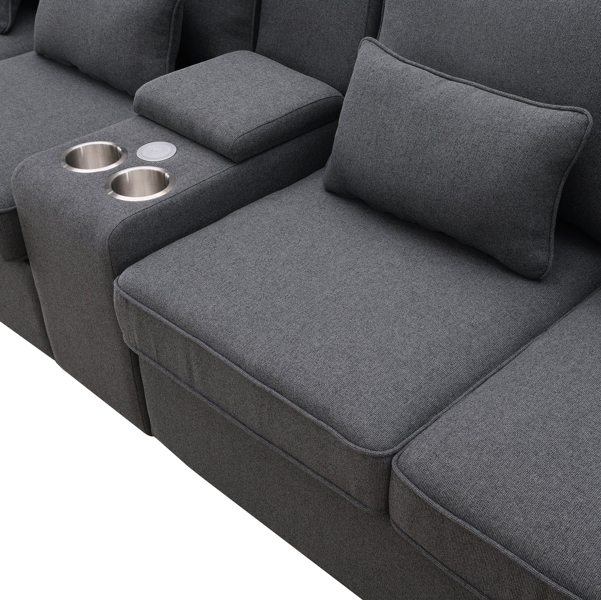 114.2" Upholstered Sofa With Console, 2 Cupholders And 2 Usb Ports Wired Or Wirelessly Charged, Modern Linen Fabric Couches With 4 Pillows For Living Room, Apartment 4 Seat Dark Grey Fabric 4 Seat