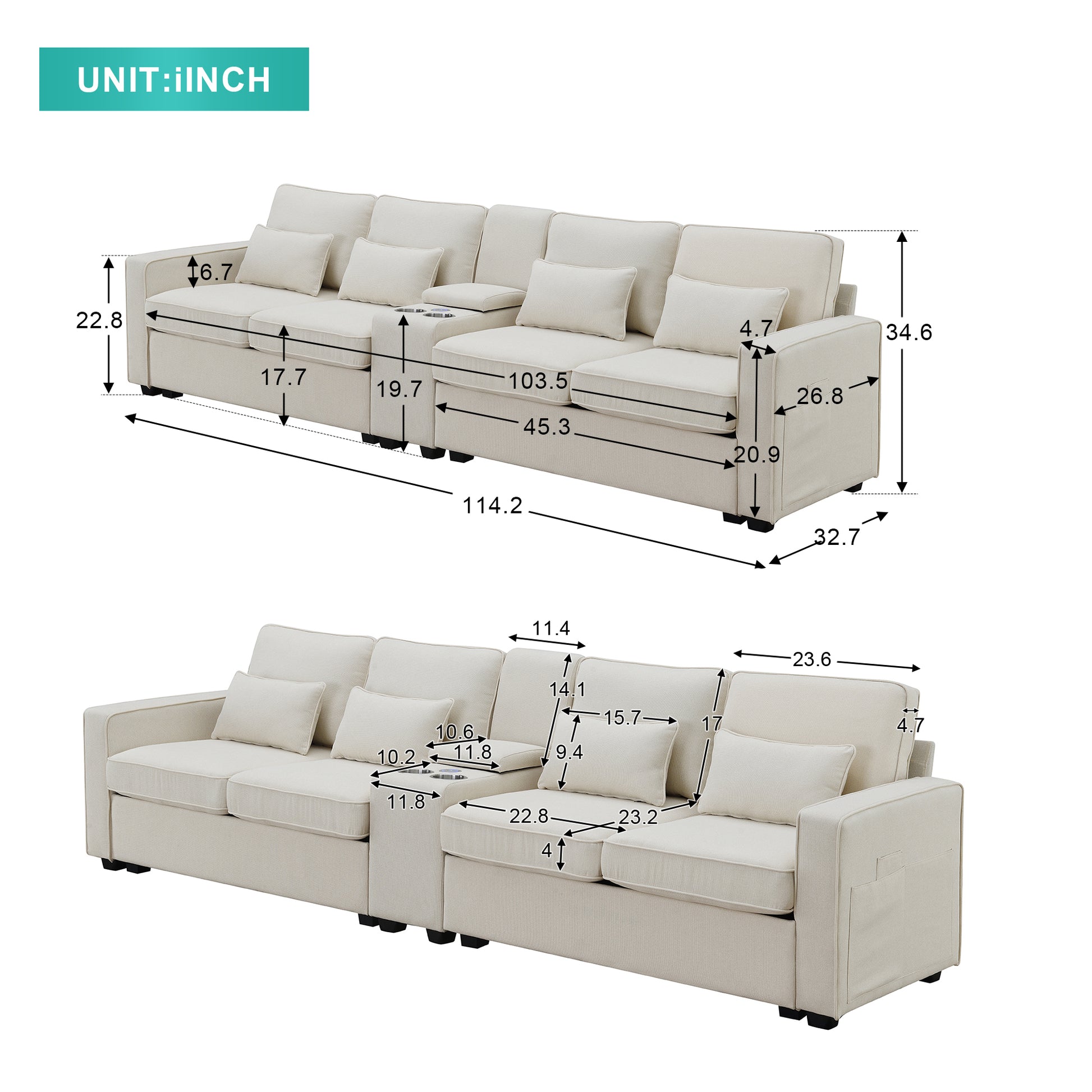 114.2" Upholstered Sofa With Console, 2 Cupholders And 2 Usb Ports Wired Or Wirelessly Charged, Modern Linen Fabric Couches With 4 Pillows For Living Room, Apartment 4 Seat Beige Fabric 4 Seat