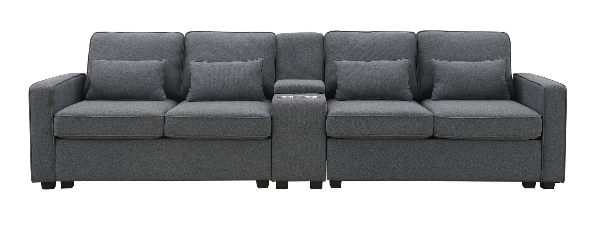 114.2" Upholstered Sofa With Console, 2 Cupholders And 2 Usb Ports Wired Or Wirelessly Charged, Modern Linen Fabric Couches With 4 Pillows For Living Room, Apartment 4 Seat Dark Grey Fabric 4 Seat