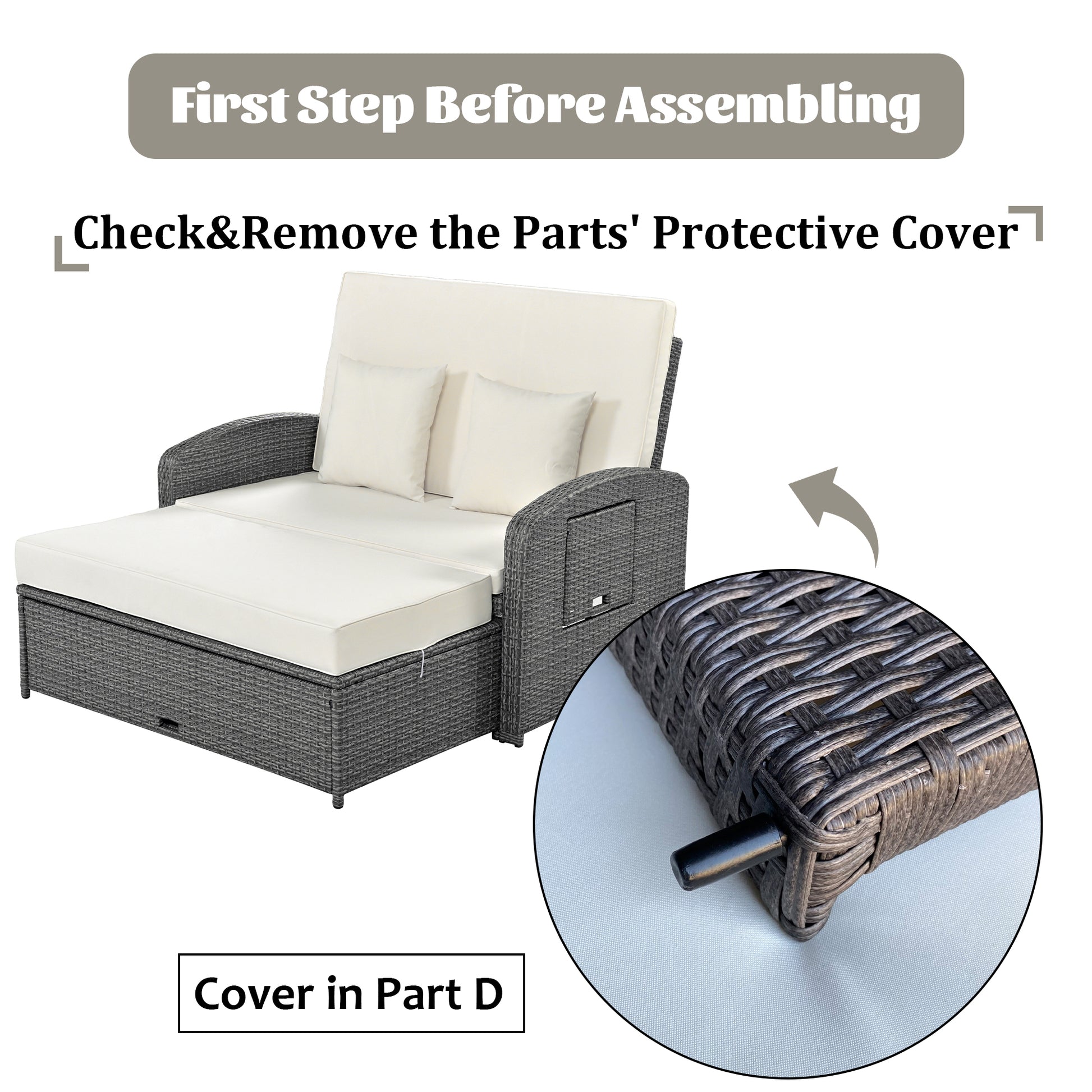 Pe Wicker Rattan Double Chaise Lounge, 2 Person Reclining Daybed With Adjustable Back And Cushions, Free Furniture Protection Cover, White Yes Complete Patio Set White Water Resistant Frame Water Resistant Cushion Garden & Outdoor Casual Sofa Seating