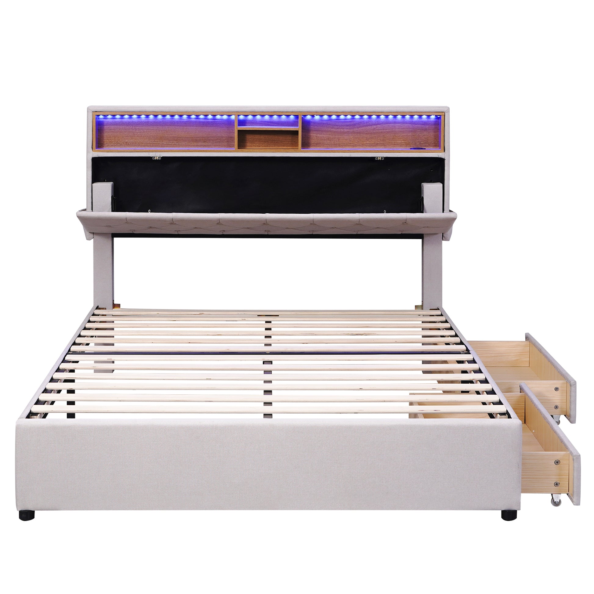 Full Size Upholstered Platform Bed With Storage Headboard, Led, Usb Charging And 2 Drawers, Beige Box Spring Not Required Beige Wood Linen Upholstered