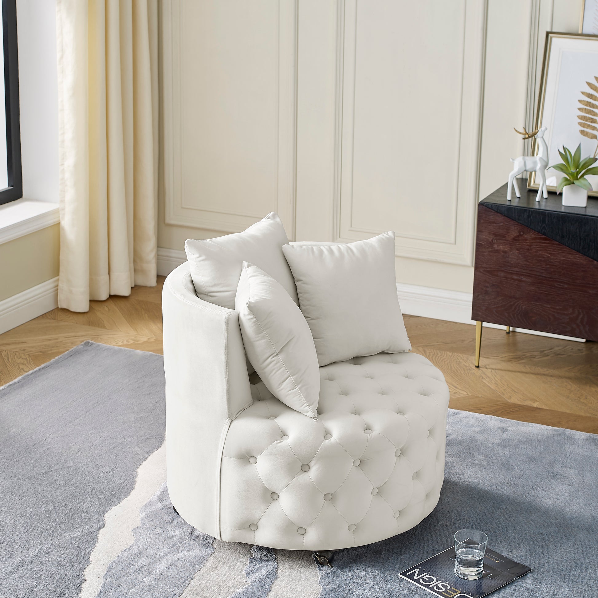 Velvet Upholstered Swivel Chair For Living Room, With Button Tufted Design And Movable Wheels, Including 3 Pillows, Beige Beige Foam