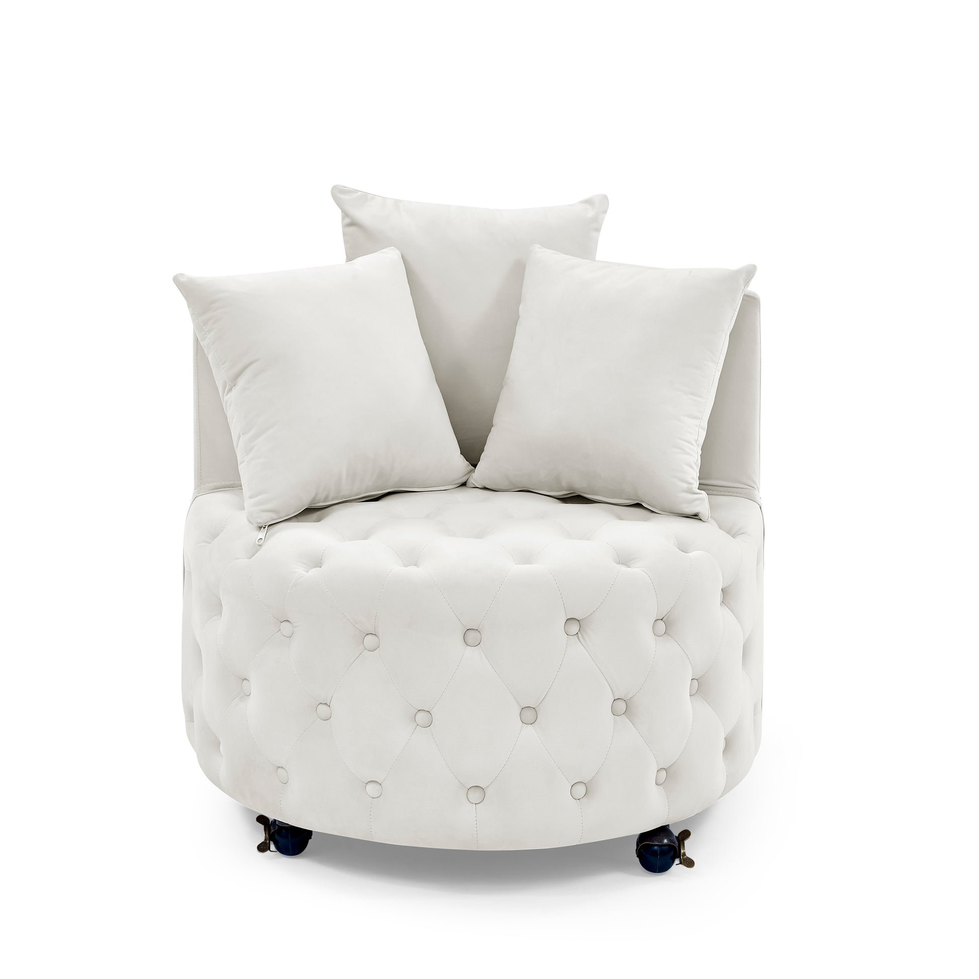 Velvet Upholstered Swivel Chair For Living Room, With Button Tufted Design And Movable Wheels, Including 3 Pillows, Beige Beige Foam