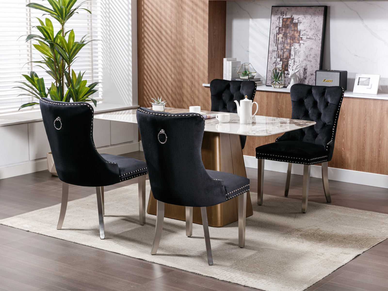 Nikki Collection Modern, High End Tufted Solid Wood Contemporary Velvet Upholstered Dining Chair With Chrome Stainless Steel Plating Legs,Nailhead Trim,Set Of 2,Black And Chrome, Sw1701Bk Black Foam Velvet