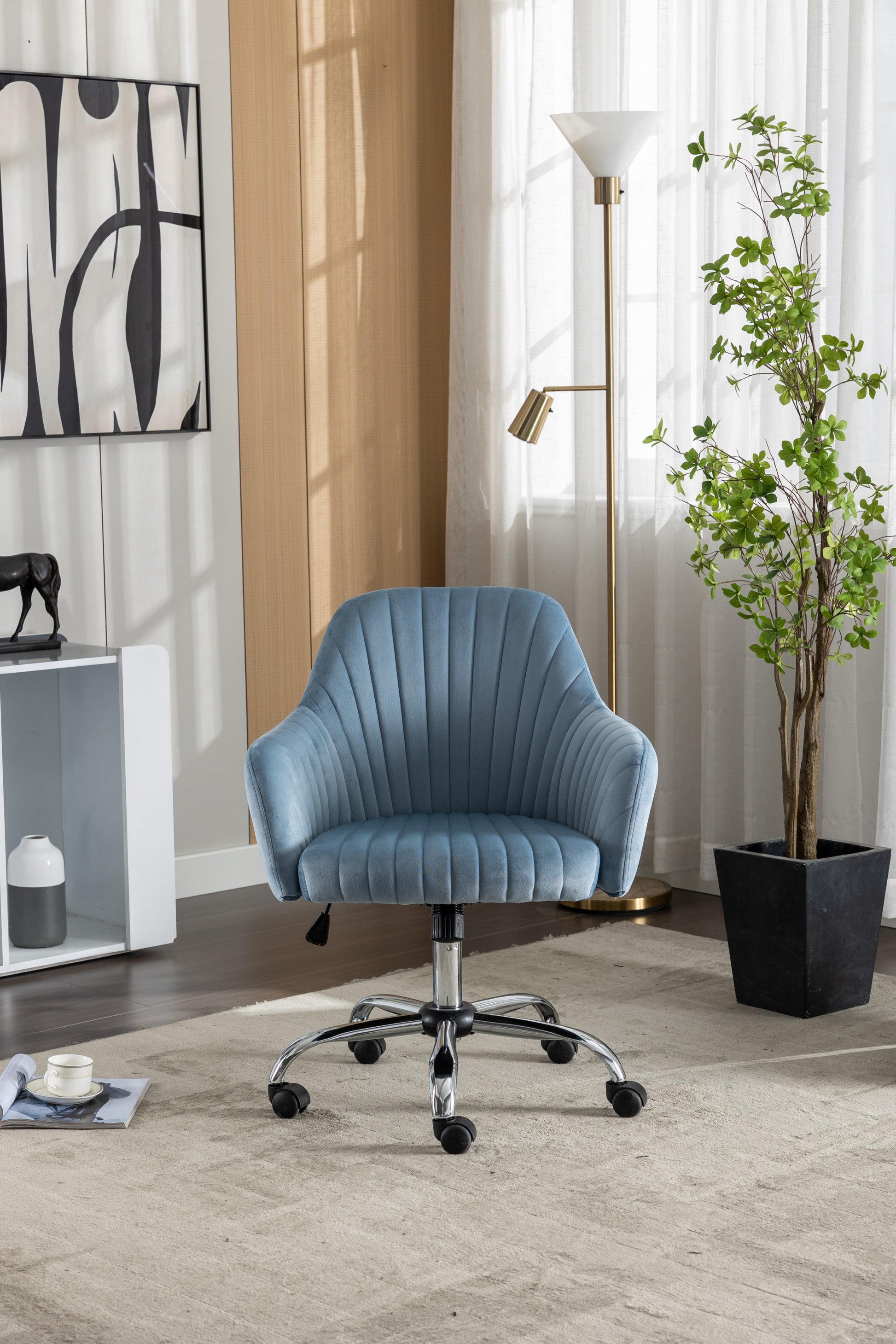 Accent Chair Modern Home Office Leisure Chair With Adjustable Velvet Height And Adjustable Casters Lightblue Light Blue Cotton Velvet