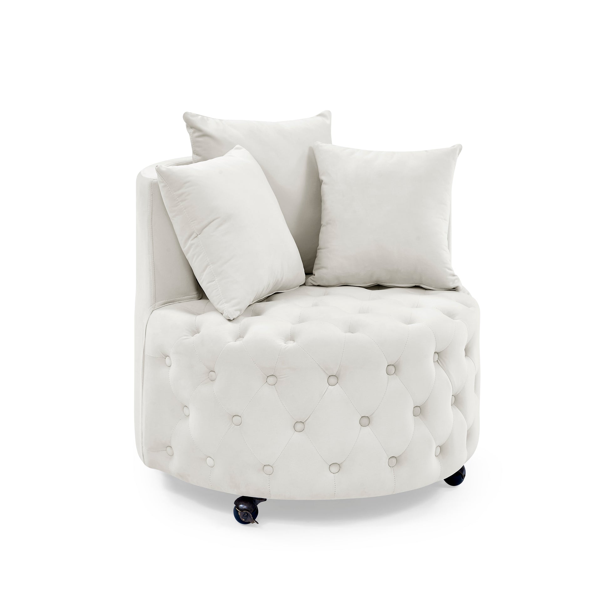 Velvet Upholstered Swivel Chair For Living Room, With Button Tufted Design And Movable Wheels, Including 3 Pillows, Beige Beige Foam