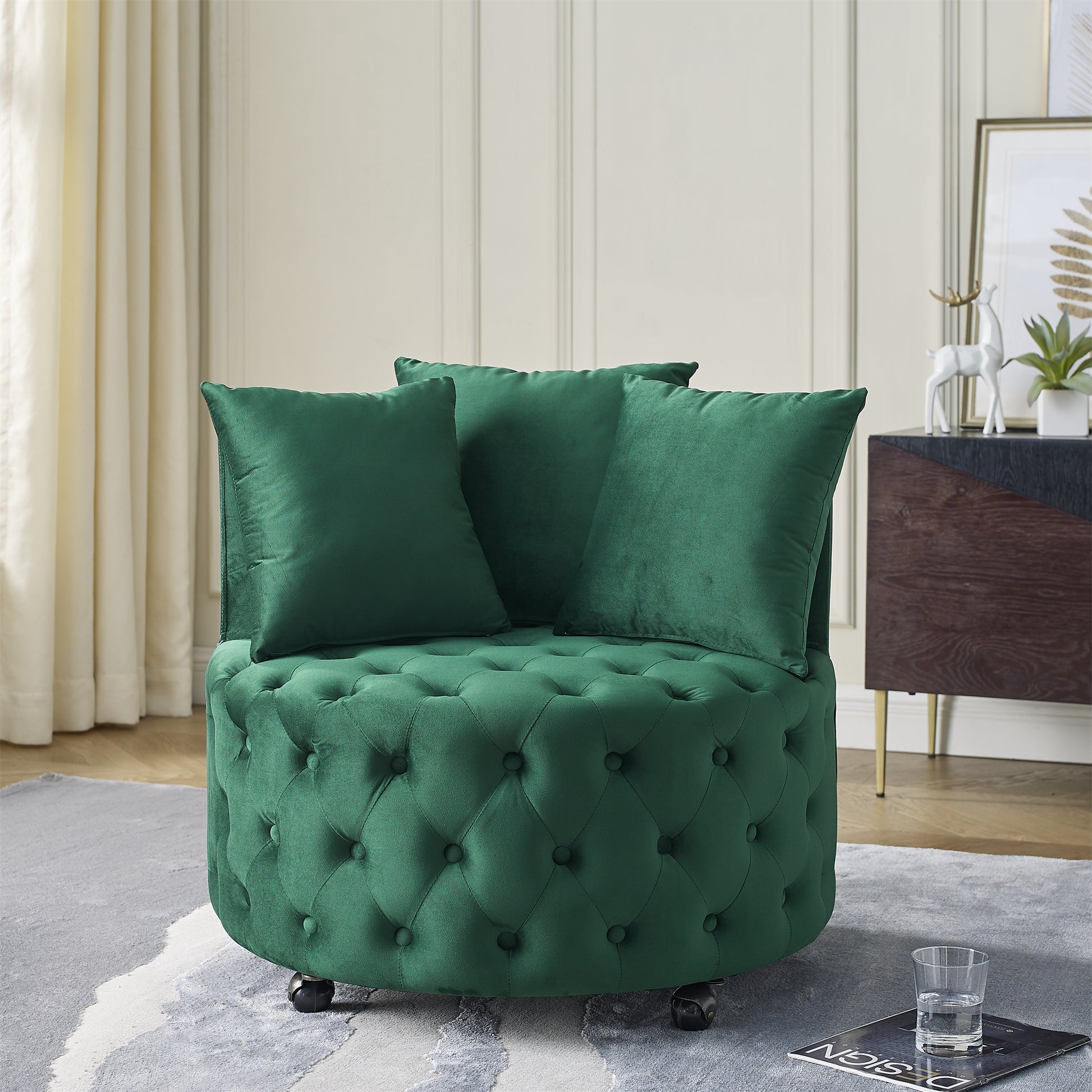 Velvet Upholstered Swivel Chair For Living Room, With Button Tufted Design And Movable Wheels, Including 3 Pillows, Green Green Foam