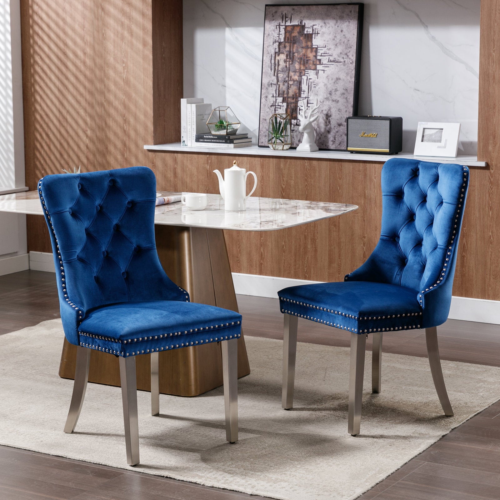 Nikki Collection Modern, High End Tufted Solid Wood Contemporary Velvet Upholstered Dining Chair With Chrome Stainless Steel Plating Legs,Nailhead Trim,Set Of 2,Blue And Chrome, Sw1701Bl Blue Foam Velvet