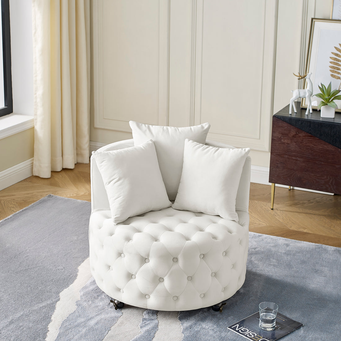 Velvet Upholstered Swivel Chair For Living Room, With Button Tufted Design And Movable Wheels, Including 3 Pillows, Beige Beige Foam