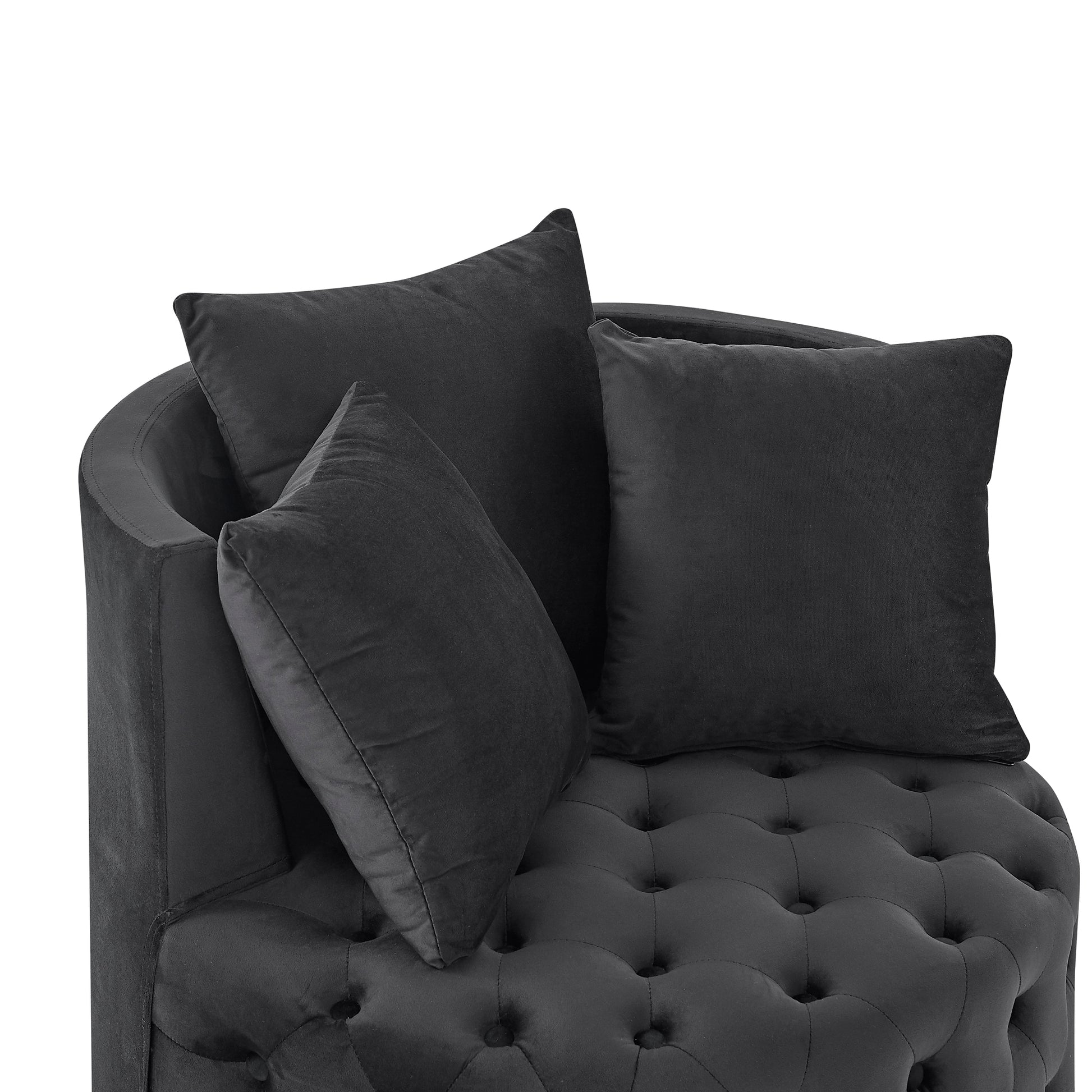 Velvet Upholstered Swivel Chair For Living Room, With Button Tufted Design And Movable Wheels, Including 3 Pillows, Black Black Foam