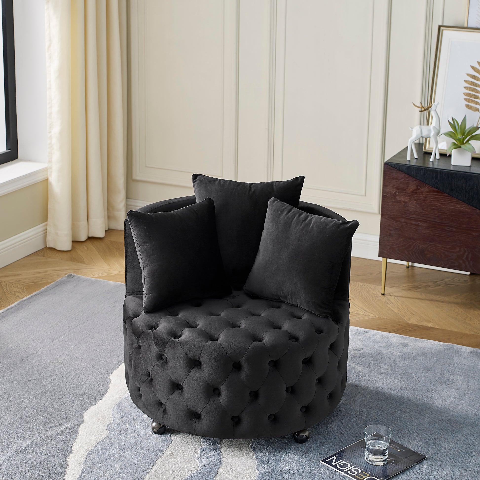 Velvet Upholstered Swivel Chair For Living Room, With Button Tufted Design And Movable Wheels, Including 3 Pillows, Black Black Foam