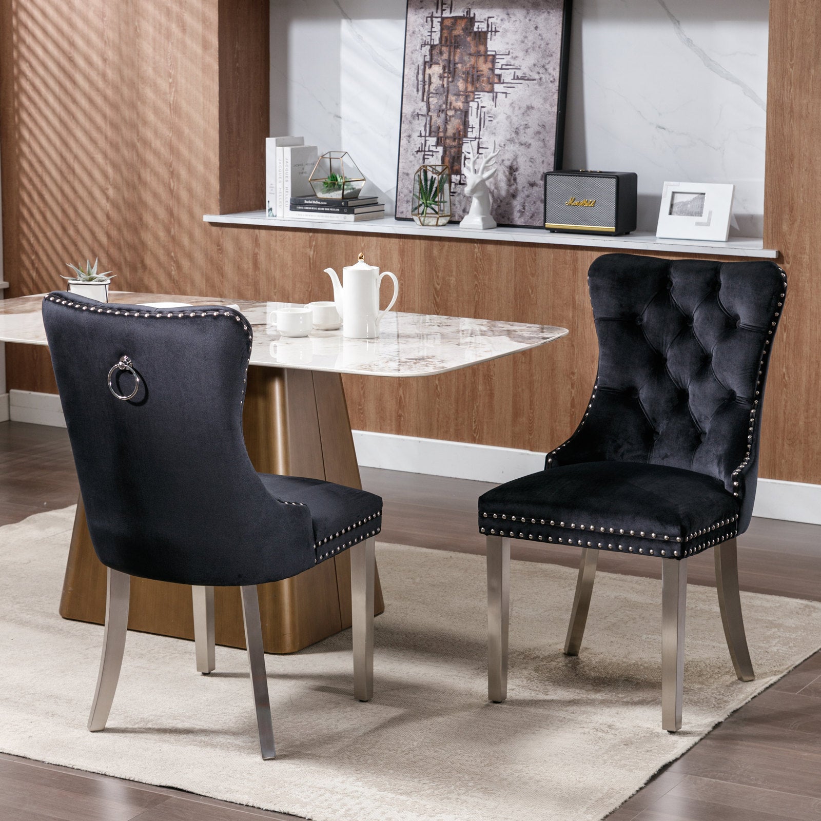 Nikki Collection Modern, High End Tufted Solid Wood Contemporary Velvet Upholstered Dining Chair With Chrome Stainless Steel Plating Legs,Nailhead Trim,Set Of 2,Black And Chrome, Sw1701Bk Black Foam Velvet