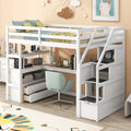 Twin Size Loft Bed With Desk And Shelves, Two Built In Drawers, Storage Staircase, White White Pine