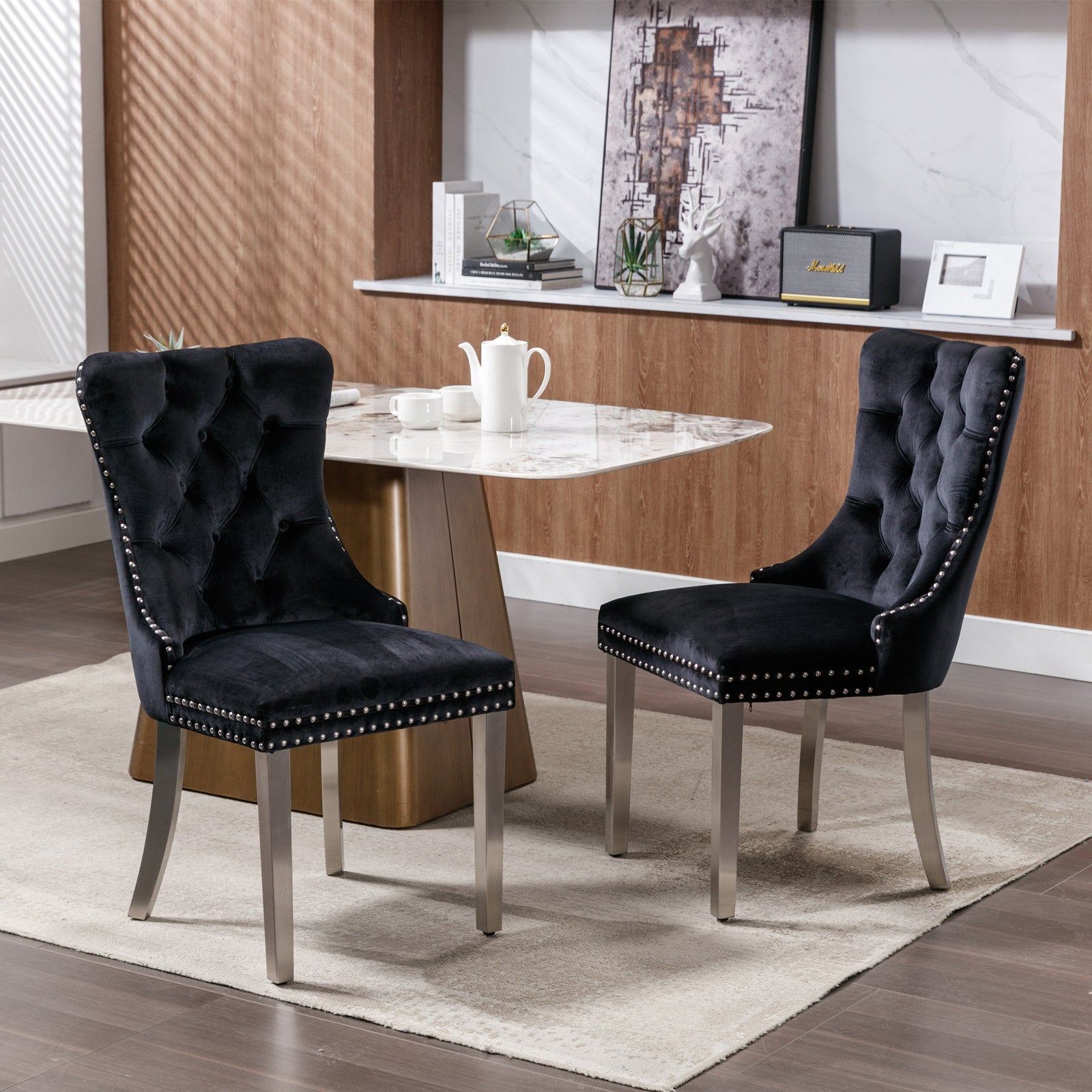 Nikki Collection Modern, High End Tufted Solid Wood Contemporary Velvet Upholstered Dining Chair With Chrome Stainless Steel Plating Legs,Nailhead Trim,Set Of 2,Black And Chrome, Sw1701Bk Black Foam Velvet