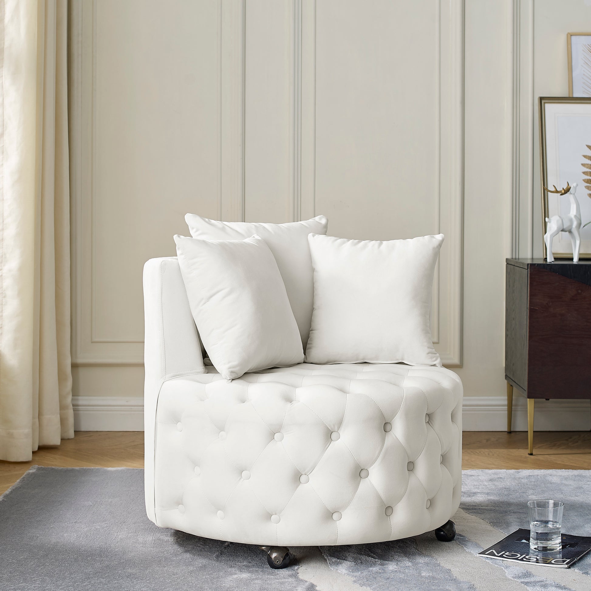 Velvet Upholstered Swivel Chair For Living Room, With Button Tufted Design And Movable Wheels, Including 3 Pillows, Beige Beige Foam