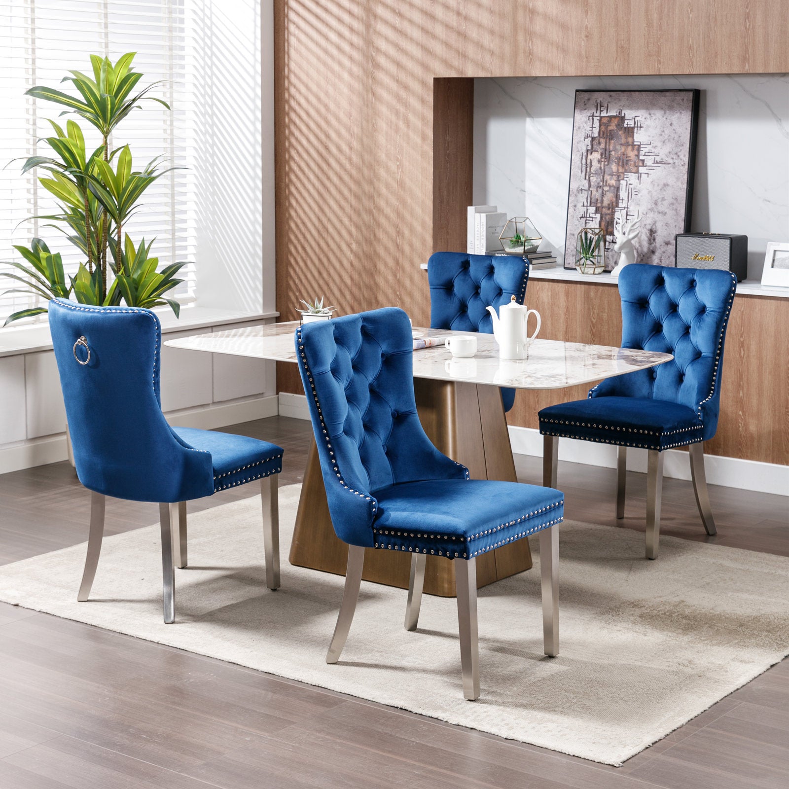 Nikki Collection Modern, High End Tufted Solid Wood Contemporary Velvet Upholstered Dining Chair With Chrome Stainless Steel Plating Legs,Nailhead Trim,Set Of 2,Blue And Chrome, Sw1701Bl Blue Foam Velvet