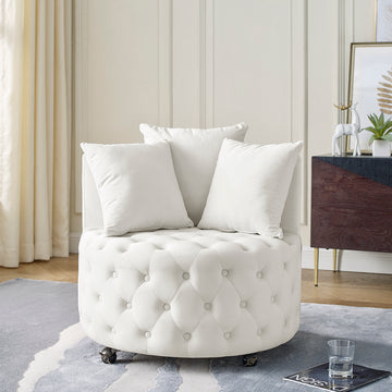 Velvet Upholstered Swivel Chair For Living Room, With Button Tufted Design And Movable Wheels, Including 3 Pillows, Beige Beige Foam