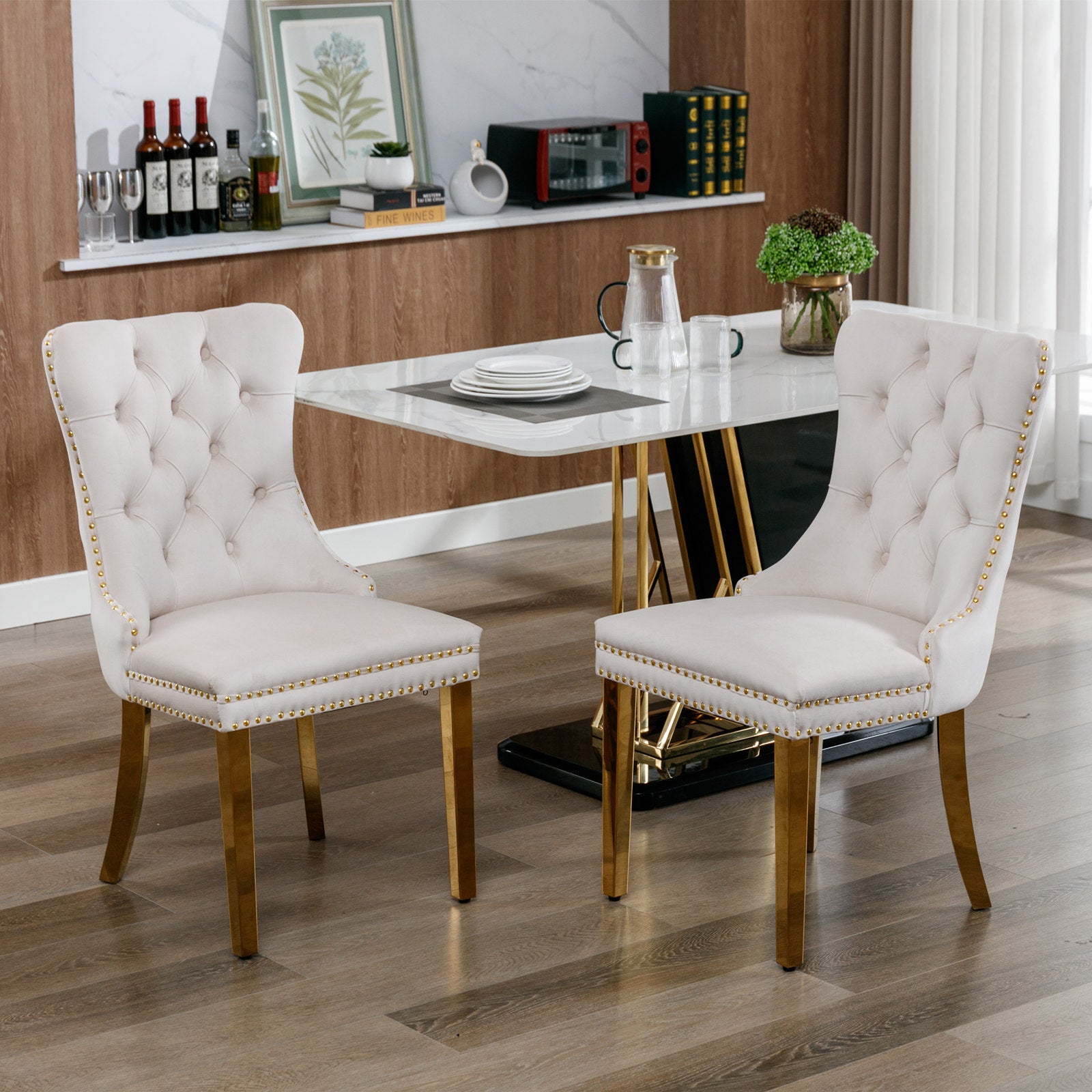 Nikki Collection Modern, High End Tufted Solid Wood Contemporary Velvet Upholstered Dining Chair With Golden Stainless Steel Plating Legs,Nailhead Trim,Set Of 2,Beige And Gold, Sw1601Bg Beige Rubberwood Foam Velvet