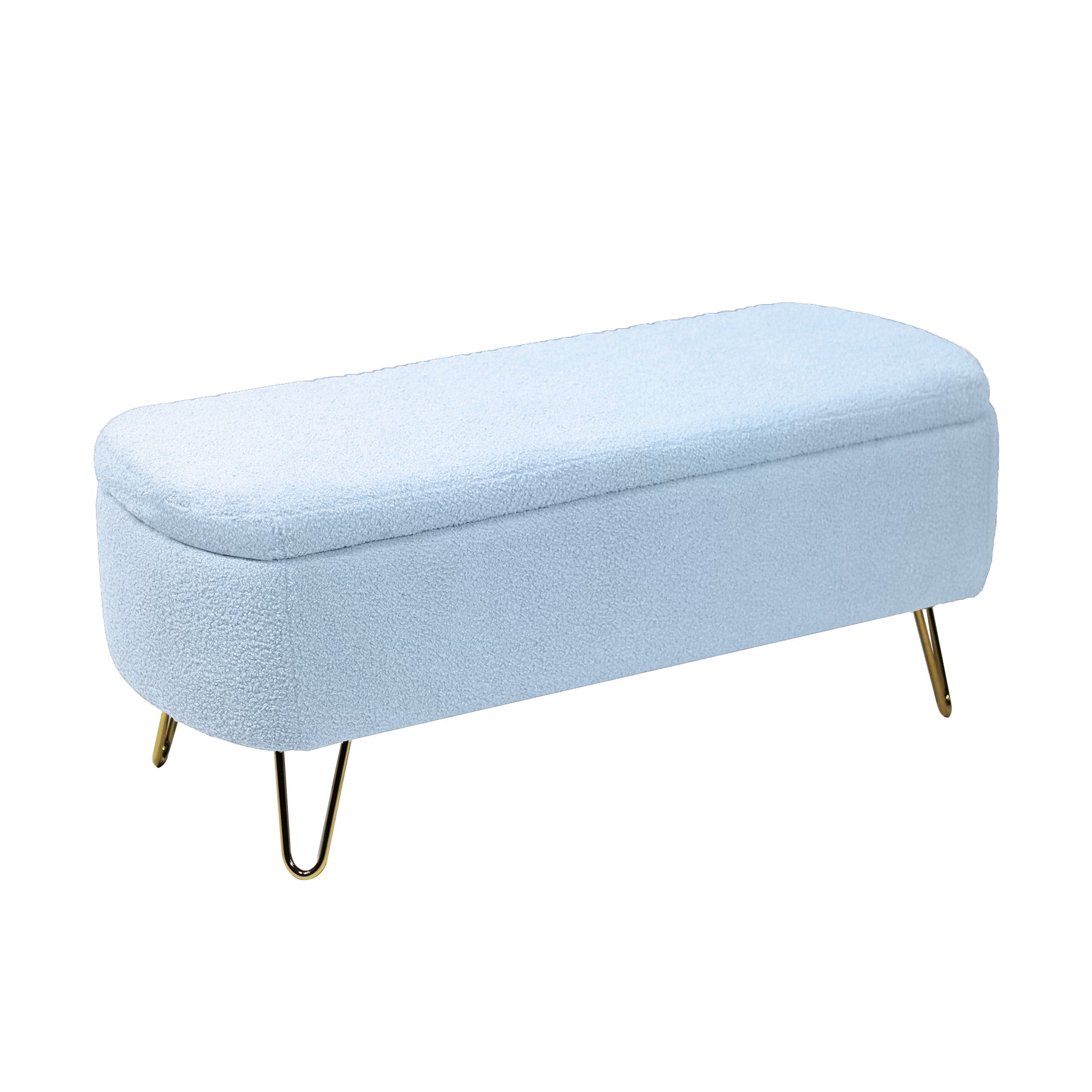 Blue Storage Ottoman Bench For End Of Bed Gold Legs, Modern Grey Faux Fur Entryway Bench Upholstered Padded With Storage For Living Room Bedroom Blue Faux Fur
